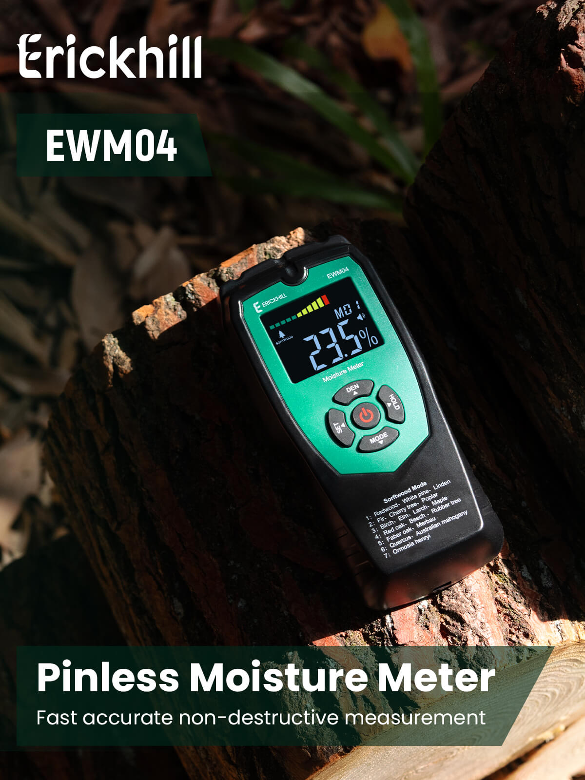 ERICKHILL ewm04 wood moisture meter with non-destructive pinless measurement for surface-friendly moisture detection