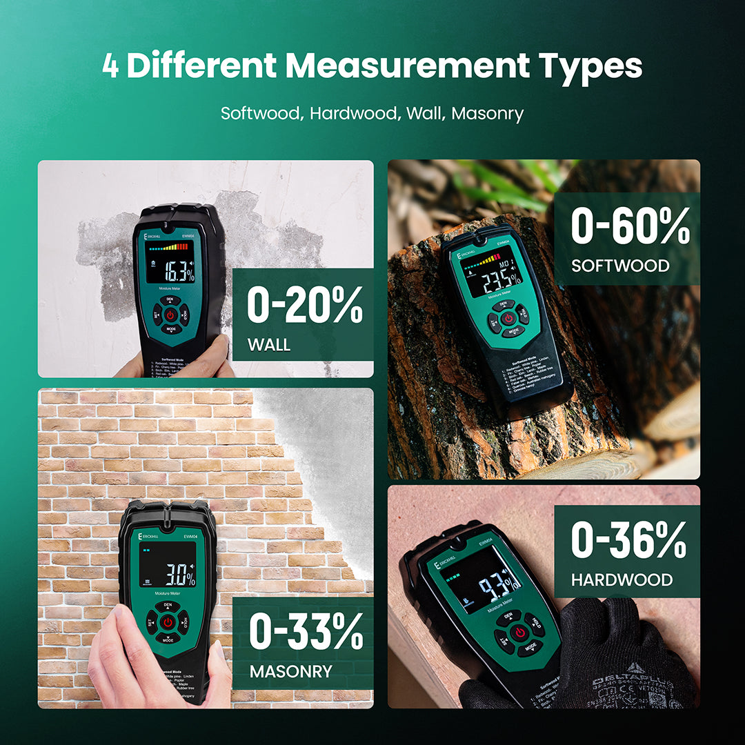 ERICKHILL ewm04 wood moisture meter easy reading display, and 4 measurement modes: softwood, hardwood, wall, masonry