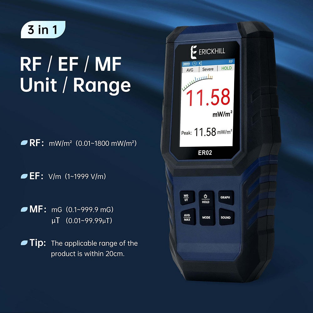 ERICKHILL ER02 EMF Meter – Portable EF/RF/MF radiation detector for home, office, and industrial use